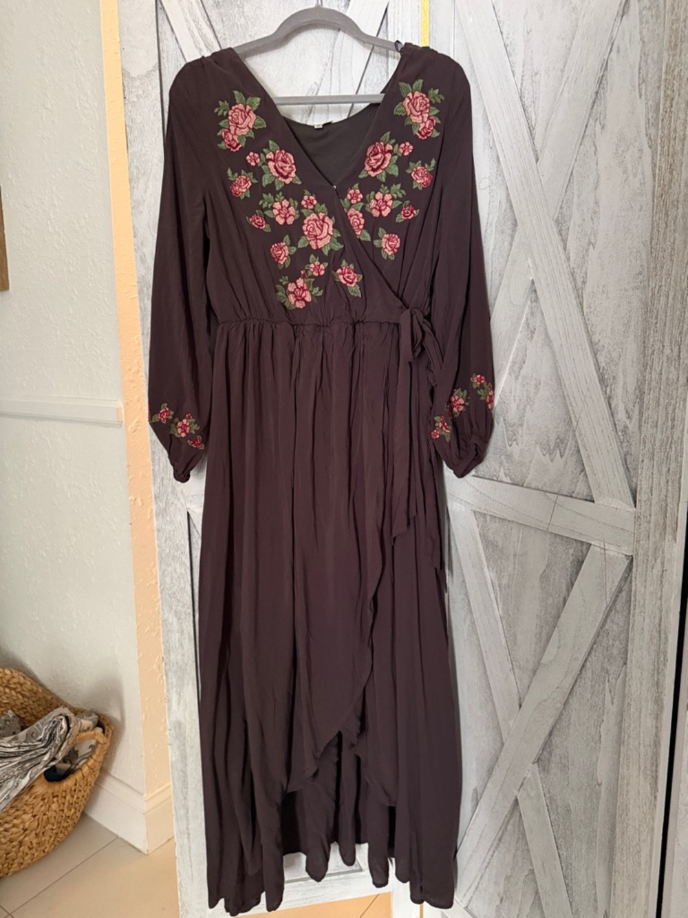 Anthropologie beautiful Wrap Maxi Dress with Pink Floral Embroidery. Size medium